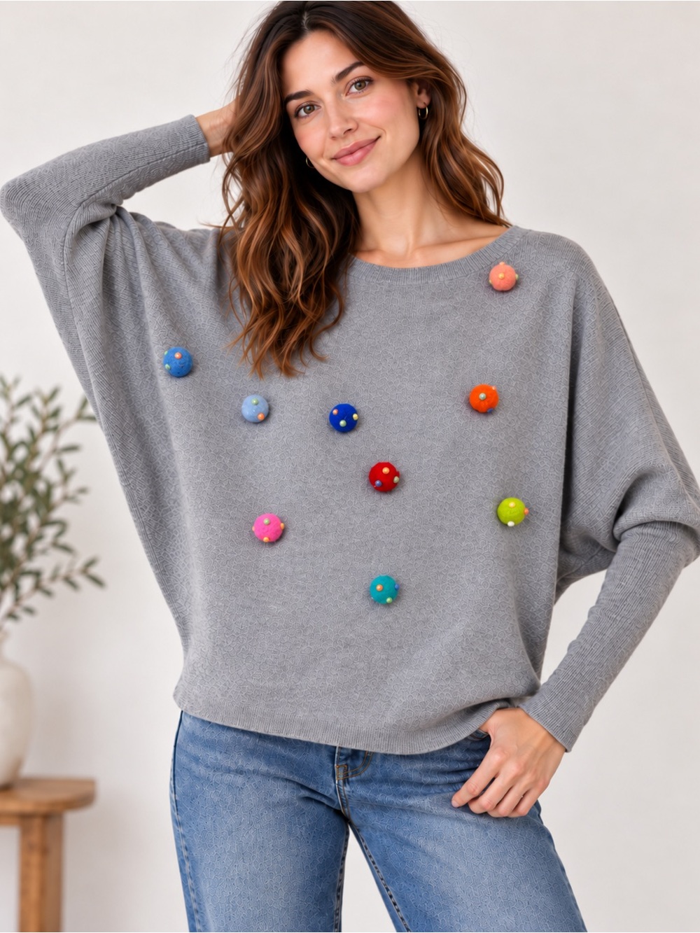 Chopin Roma Grey Batwing Sweater Colorful Pom Pom Embellished Size L